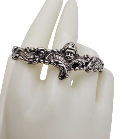 Solid Sterling Silver Cuff Embossed Cherub Angel Bracelet Victorian Revival 24g - Picture 11 of 12
